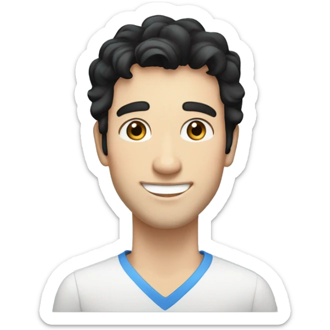 Man, wavy black hair, bright blue eyes, white skin, caucasian, smiling, happy sticker
