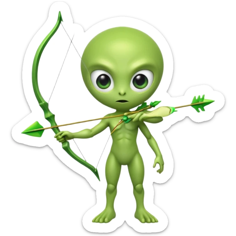 3D emoji-style green alien holding a bow and arrow, glossy texture, smooth skin, large expressive eyes, small humanoid body, minimalist background, soft lighting, Pixar-style rendering, high detail, cute but slightly serious expression, clean centered composition. sticker