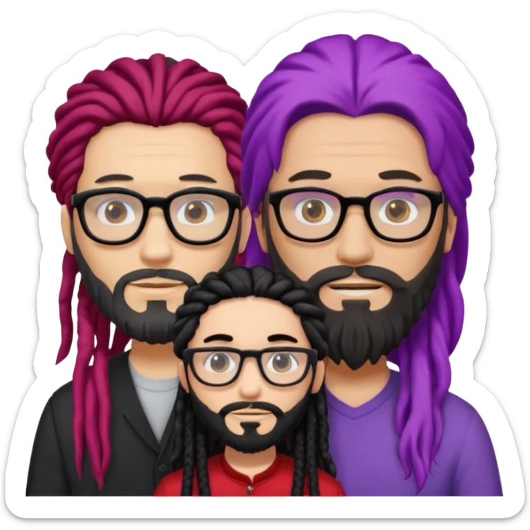 Man with long hair, glasses and Beard, next to man in black dreadlocks with red accent, woman in glasses with violet and black hair in the middle sticker