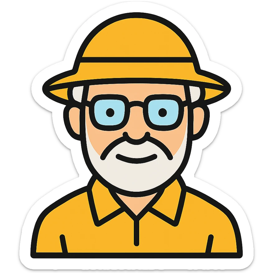 An elderly man with white hair and beard, wearing glasses and a yellow explorer hat sticker