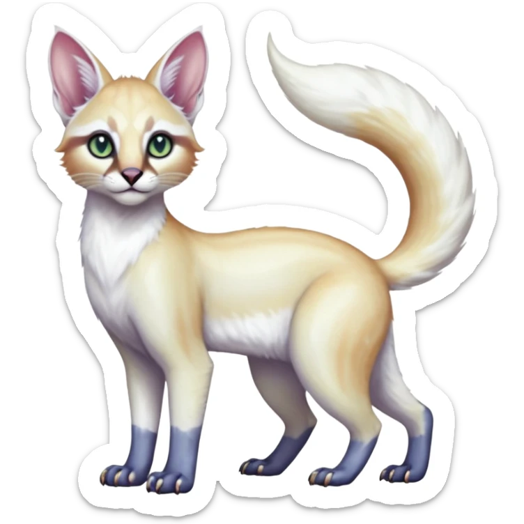 Colorful tropical pearly-albino-white iridescent glorious divine exotic cute cool beautiful shiny beautiful fantasy-caracal-civet-genet-sergal-vernid-Cacomistle-oncilla-animal-Fakémon-hybrid-fursona with tufted ears (full body) sticker