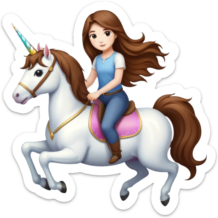 short girl with long brown hair riding a unicorn sticker