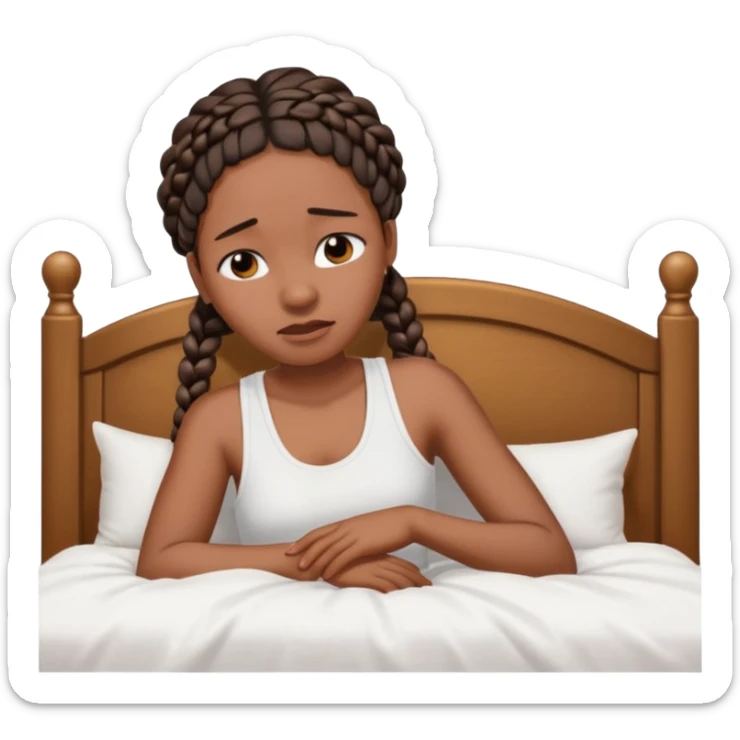 Black woman with braids in a big king size bed on one side by herself crying sticker