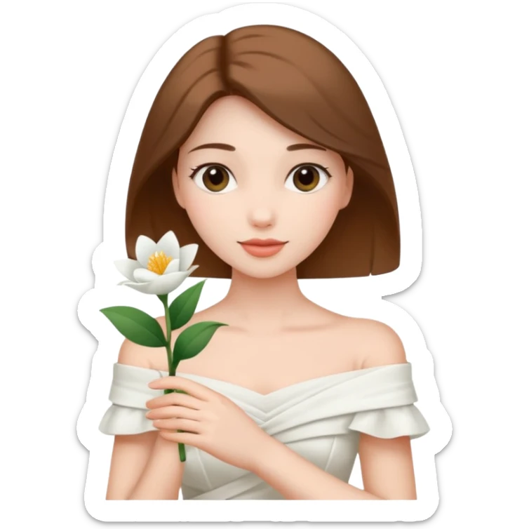 Pretty lady wearing a white silky off-the-shoulder folded neckline and holding a white flower on her right hand sticker