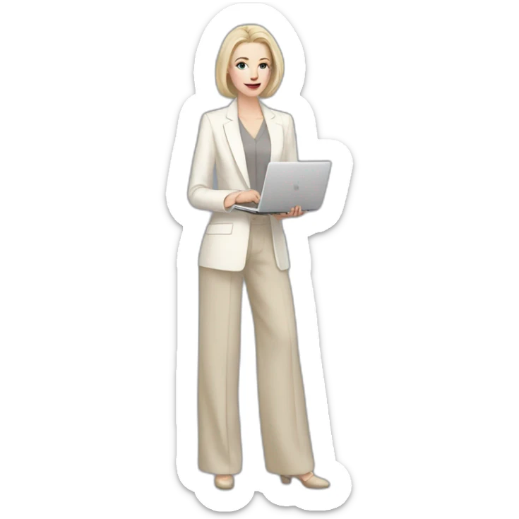 pale skin woman with ash blonde Straightened bob Hair, White Spacious classical jacket, beige palazzo Arrow pants and gray blouse holding a MacBook in the hands sticker