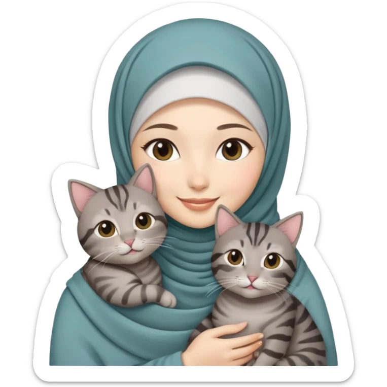 Asian white girl wearing hijab with dress holding a black grey tabby cat while smiling sticker