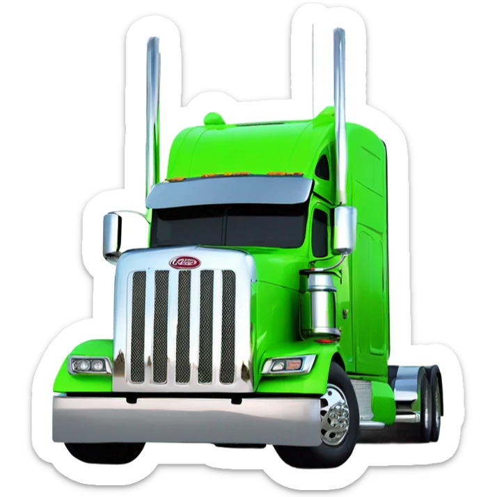 neon green peterbilt semi truck lowered on the ground with large chrome wheels and chrome smoke stacks profile view sticker