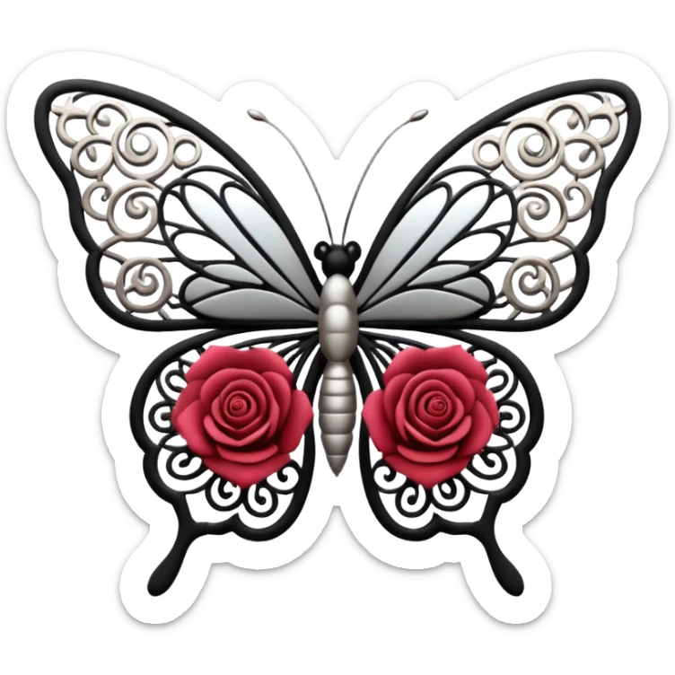 Black and silver filigree rose with a stunning butterfly, 3D, extremely detailed design sticker