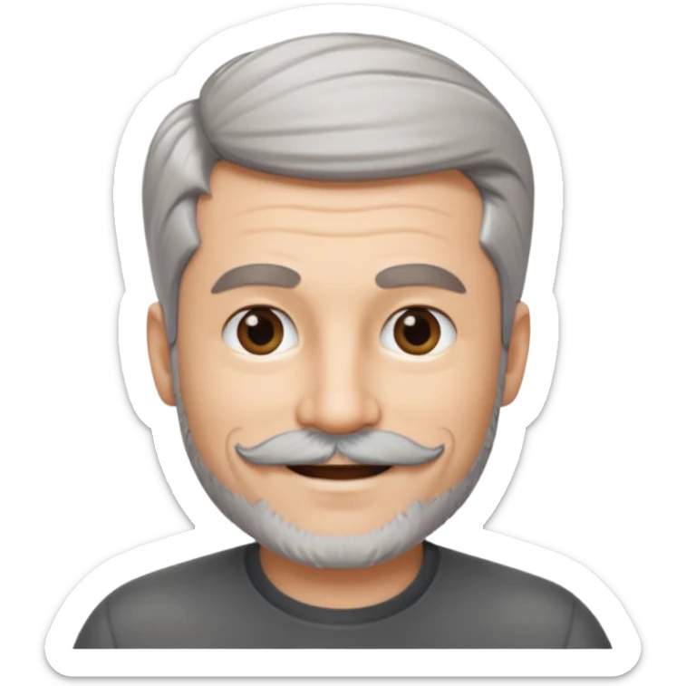 50 yr old man salt and pepper hair, side swept part, short beard and moustach sticker