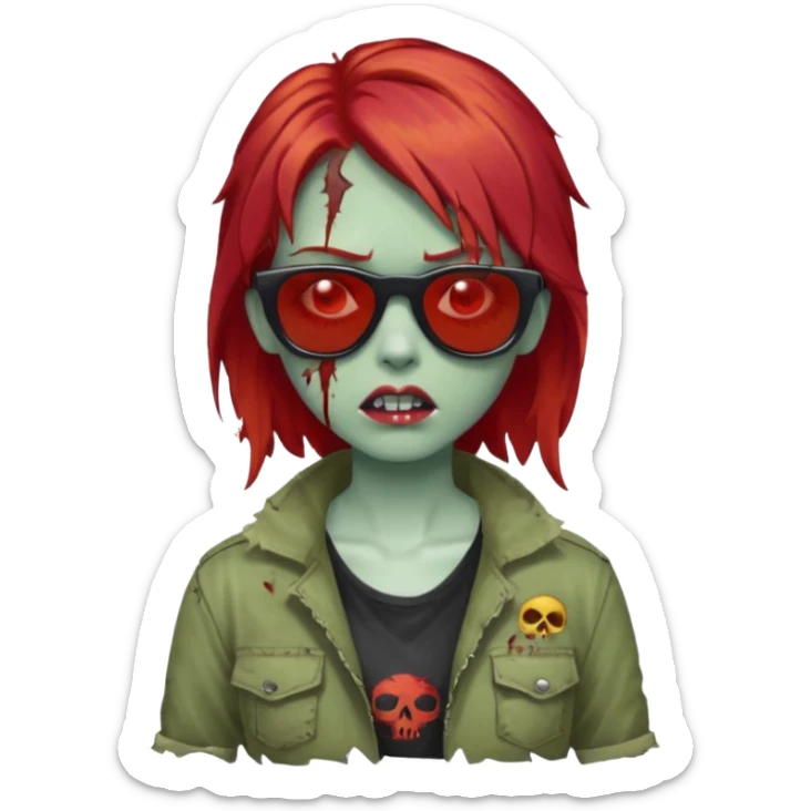 Zombie girl with red hair and sun glasses face sticker