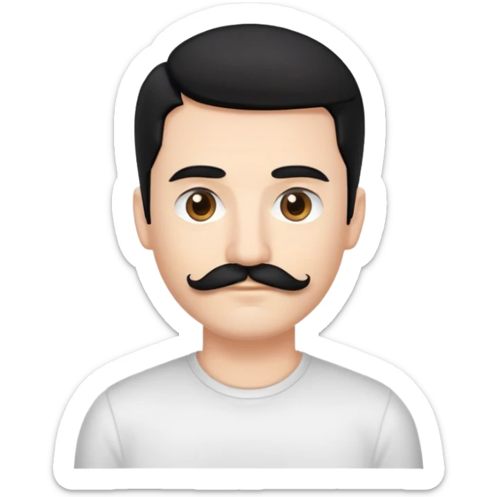 white tech bro with black hair, black mustache, brown eyes. No forehead wrinkles & black shirt. sticker