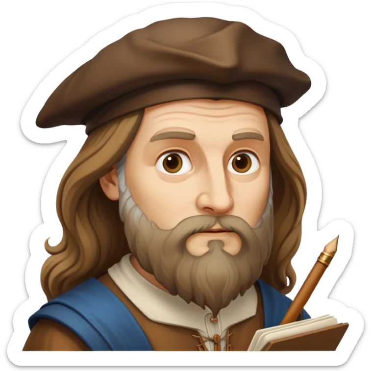 cinematic-realistic-leonardo-da-vinci-portrait-emoji,-depicted-as-the-quintessential-renaissance-polymath-with-deep,-thoughtful-eyes,-a-flowing-beard,-and-a-quill-or-sketchbook-in-hand.-the-scene-is-illuminated-with-warm,-classical-light sticker