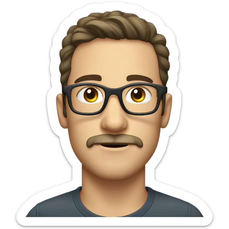 young caucasian man with dark hair, mustache, and scruff, wearing clear framed glasses sticker