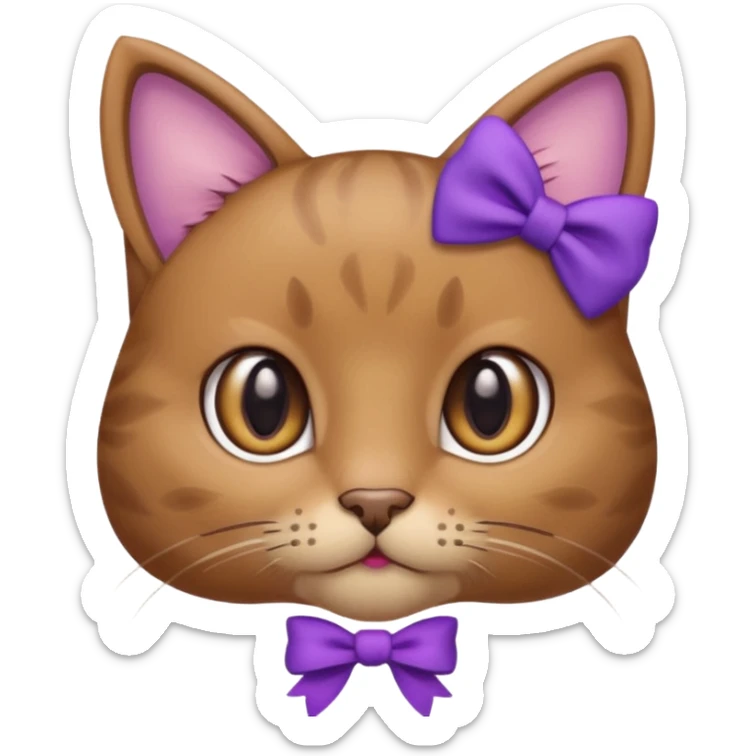 Brown kitty with a one purple bow on the side of her ear sticker