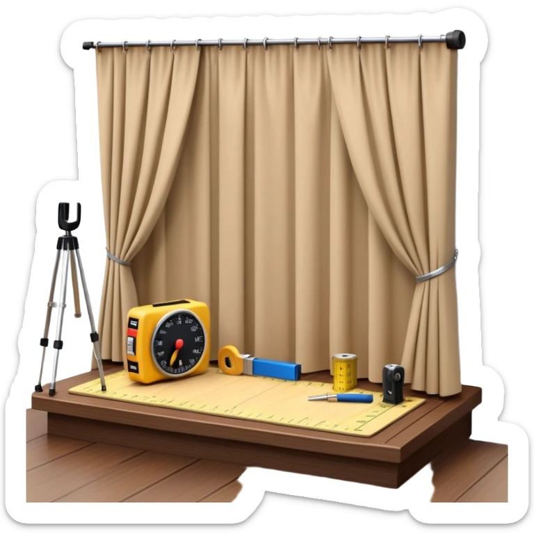 Miniature 3D room model beside a wooden plank, stage curtain, and measuring tape, arranged like a toolkit of visual and spatial design. sticker