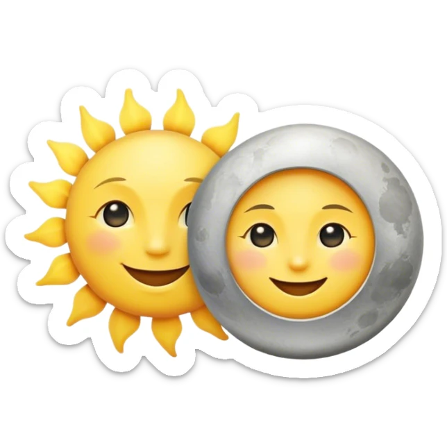 a really bright  big sun and a small moon who shines because of it. the sun is bigger and the tiny \moon bright too beside it smiling looking at each other sticker