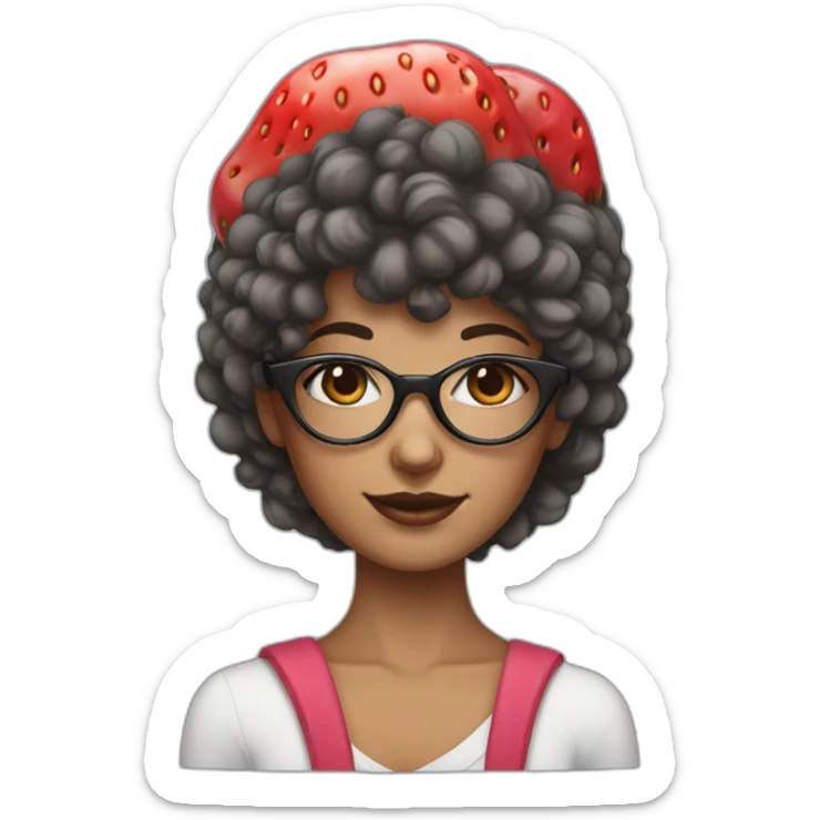 Brunette girl with circle glasses and wolf cut hair and a strawberry hat sticker