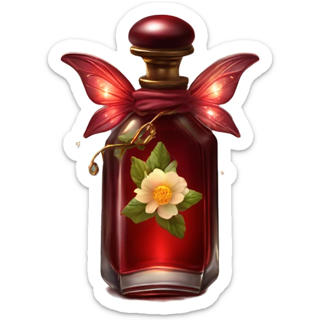 Dark red magic fairy light sparkling old Antique oil perfume bottle with herbal and flowers sticker