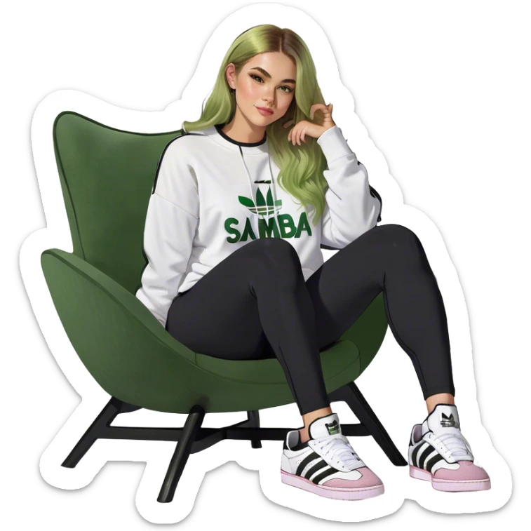 Girl long bright blonde highlighted hair middle part with rosy cheeks and plump mauve lips green eyes and wearing a white sweatshirt and black leggings with black and white adidas OG Samba sneakers sitting in a cozy chair posing with legs over the side of chair  sticker