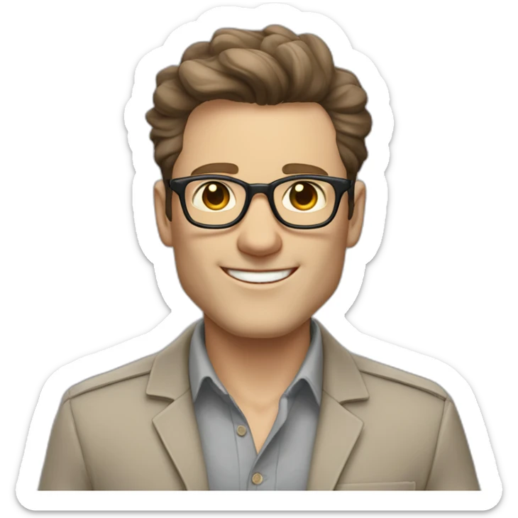 Joyful Pale skinned Fit Man With dark brown hair in gray jacket, beige office shirt, Brown pants and vintage glasses. His thrumbs up sticker