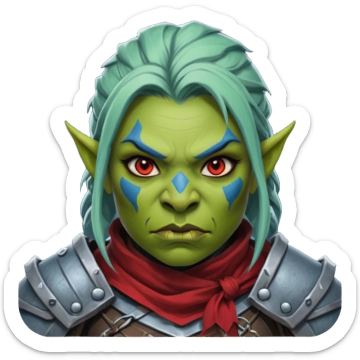 Fantasy Christmas orc legion soldier icon, iron tundra army theme, heavy winter armor, disciplined brutal look, dark icy steel armor with bold crimson cloth and markings, cold blue shadows, high contrast, clean emoji portrait style, female variant sticker