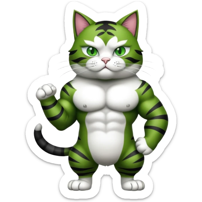Jacked up Huge jumbo Super Duper Muscular Cat with a 10 pack full body black and white and green eyes  sticker