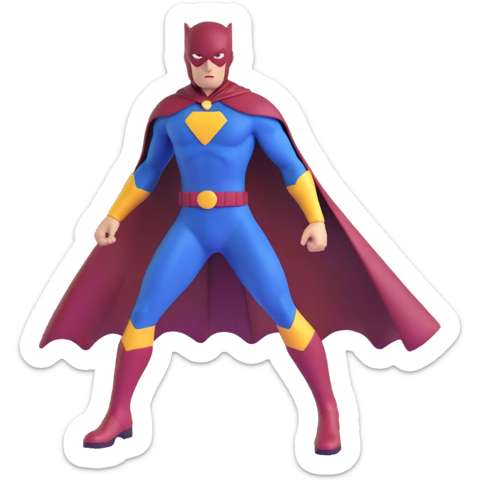 superhero in dark blue and maroon bodysuit with gold accents, digital cape, maroon boots, dynamic stance sticker