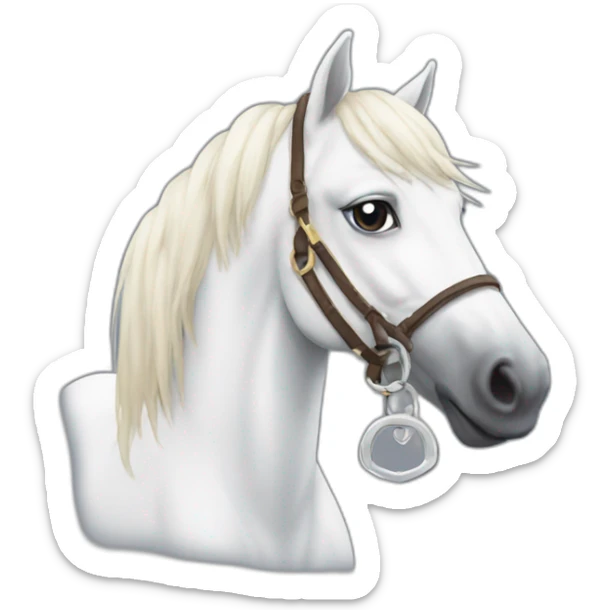 White stallion mustang wearing a key around the neck only necklace no mouth strap showing neck no lock sticker