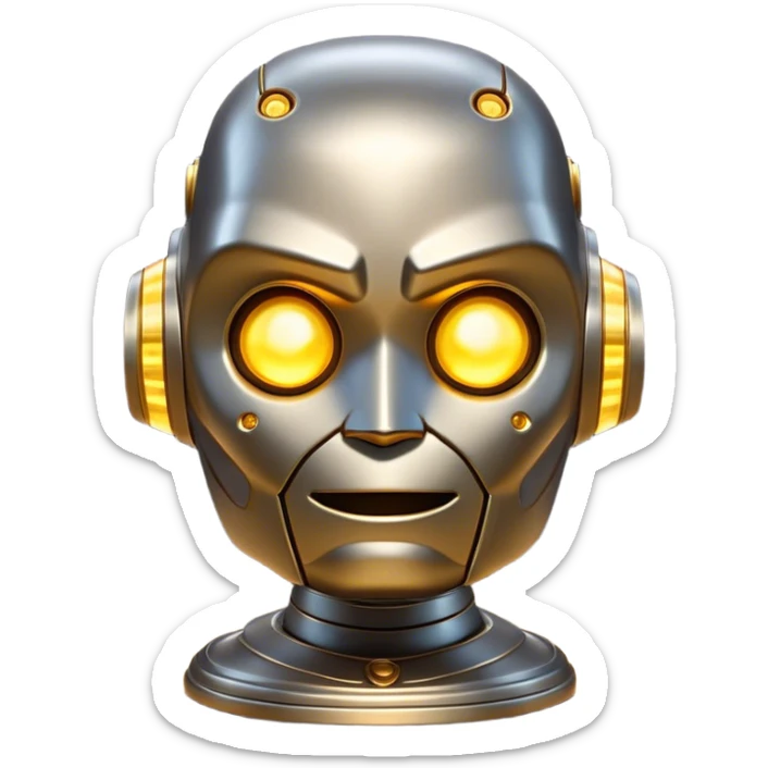 Cinematic Cute Mighty Iron Golem Portrait Emoji Head tilted playfully and inquisitively, featuring a sleek yet sturdy metal form with smooth, polished steel plating and glowing golden engravings, accented by faintly humming energy veins that pulse with life; rendered with lifelike clarity and soft, natural reflections, high shine, charming yet robust, styled with a touch of whimsical fantasy, soft glowing outline, capturing the essence of a watchful yet endearing golem, as if it might shift its massive head with a slow, thoughtful nod at any moment! sticker