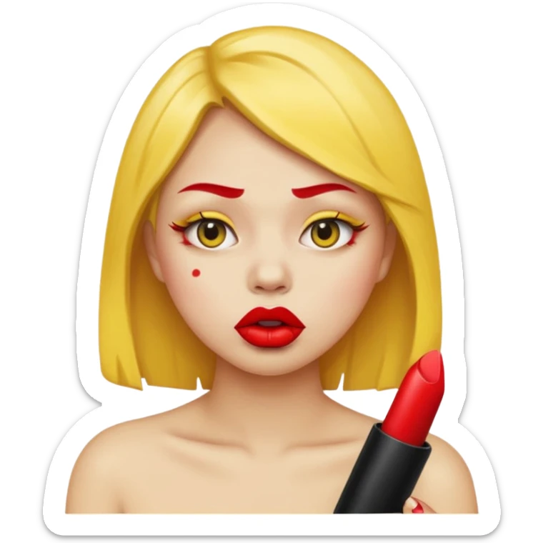 Baddie applying lipstick .use face as yellow round  round emoji show some expression like pouting sticker