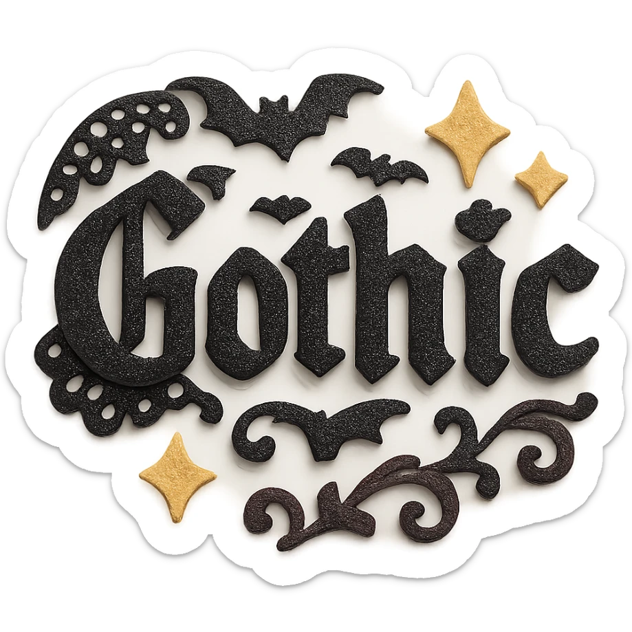 Add gothic motifs such as black lace, tiny bats, and ornate flourishes around the sparkling black text, keep the 3D paper-craft effect, kawaii style, no outline, transparent background. sticker