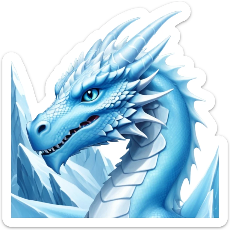 Cinematic Noble elegant Ice Dragon Portrait Emoji, Poised and imposing, distinct long elegant snout, with a slender, scaled body shimmering in glacial hues of icy blue, frostbitten silver, and crystalline white, breathing out frost, with piercing, glowing ice blue white eyes that radiate the chilling depths of an arctic storm; rendered in detail. excuding wisdom sticker