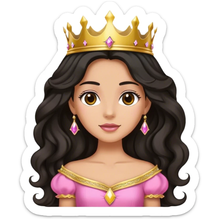 Very very tanned princess, with long black wavy hair and crown and an pink princess outfit sticker