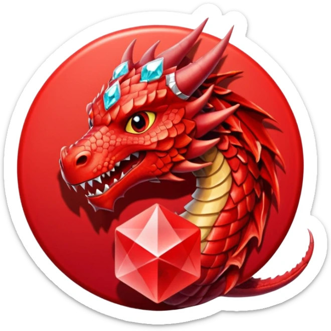 red dargon with the logo behind of a red cirlce with dimond shave with a cube red achritey sticker