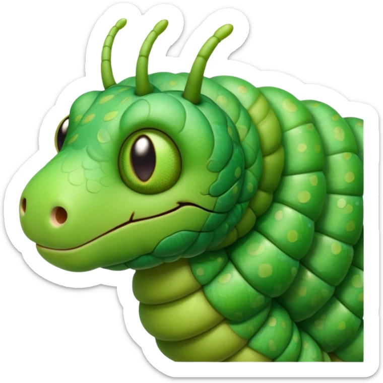 Cinematic Realistic Noble Caterpillar Portrait Emoji, Poised and serene, with a slender, segmented body covered in vivid, detailed green scales accented by subtle natural patterns, and a tiny, focused face with delicate, inquisitive eyes, rendered with lifelike texture and soft natural lighting, high shine, intelligent and delicate, styled with an air of woodland elegance, focused and attentive, soft glowing outline, capturing the essence of a watchful and confident looper caterpillar that appears ready to inch gracefully out of the screen with natural authority! sticker