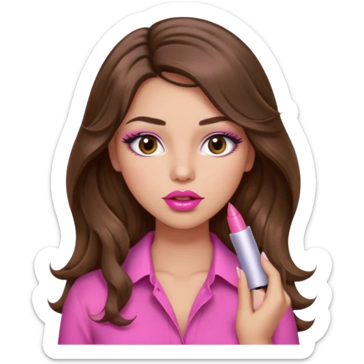 girl with long wavy brown hair, brown eyes, light to medium complexion, in a pink sexy shirt, pink lips, long lashes, puckered lips, putting on lipstick sticker