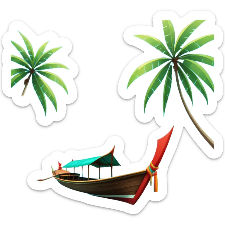 ​Cinematic Realistic Authentic Thai Longtail Boat, depicted as a traditional wooden longtail boat with a sleek, elongated hull and a brightly painted canopy, its long tail fin cutting gracefully through turquoise waters under a clear tropical sky, rendered with vibrant textures and dynamic natural lighting that captures its rustic charm and cultural heritage, sticker