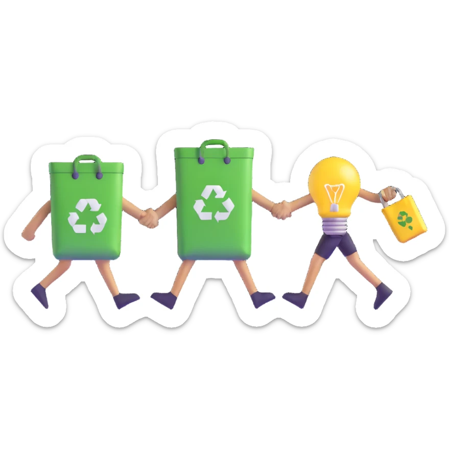 a lightbulb and a battery holding hands, carrying recycling bags, walking toward a recycling bin sticker