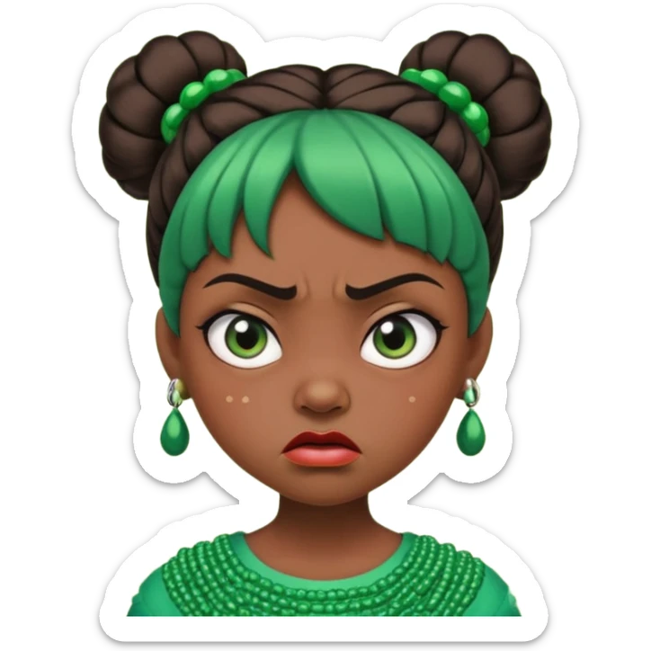 Create a 3D cartoon-style girl character with dark skin, round face, angry expression, big wide eyes, and tightly styled double buns made of green beaded hair. The girl should look irritated, eyebrows sharply angled, and lips pressed in a frown. sticker