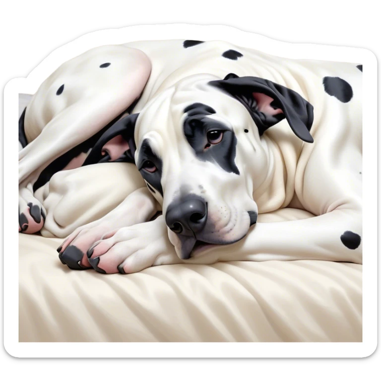 Meme-Worthy Cute Sleeping Harlequin Great Dane Portrait Emoji, Head resting peacefully with a contented smile, showcasing a delightfully majestic build and a luxuriously soft coat of predominantly white with bold black patches, eyes shut in a serene nap, Simplified yet hilariously adorable features, highly detailed, glowing with a soft, drowsy light, high shine, relaxed and utterly lovable, stylized with an air of playful laziness, bright and heartwarming, soft glowing outline, capturing the essence of a comically sleepy guardian, so meme-worthy it feels like it could instantly become the next viral sensation of adorable slumber! sticker