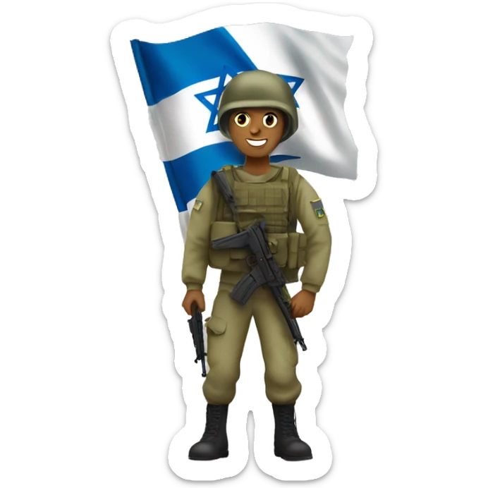 An Israel Defense Forces soldier holding an Israeli flag sticker