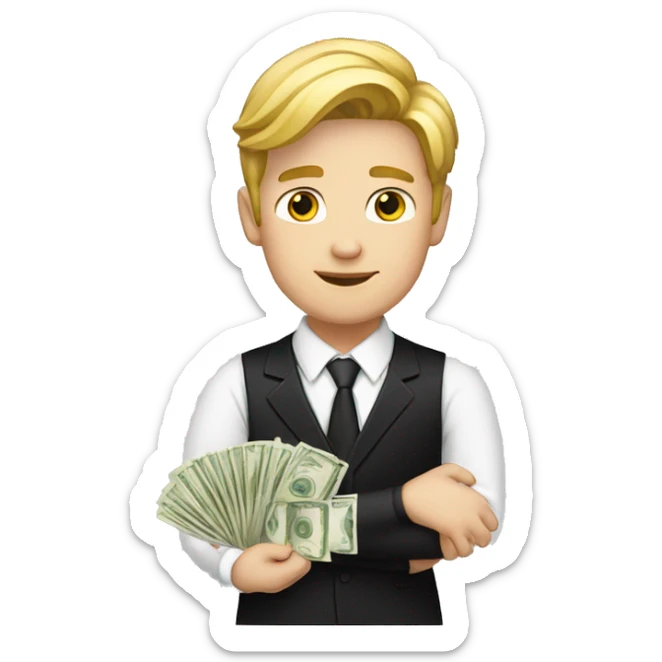 a young  white and with blonde male with money in his hands. He is dressed with a black suit and a white shirt sticker