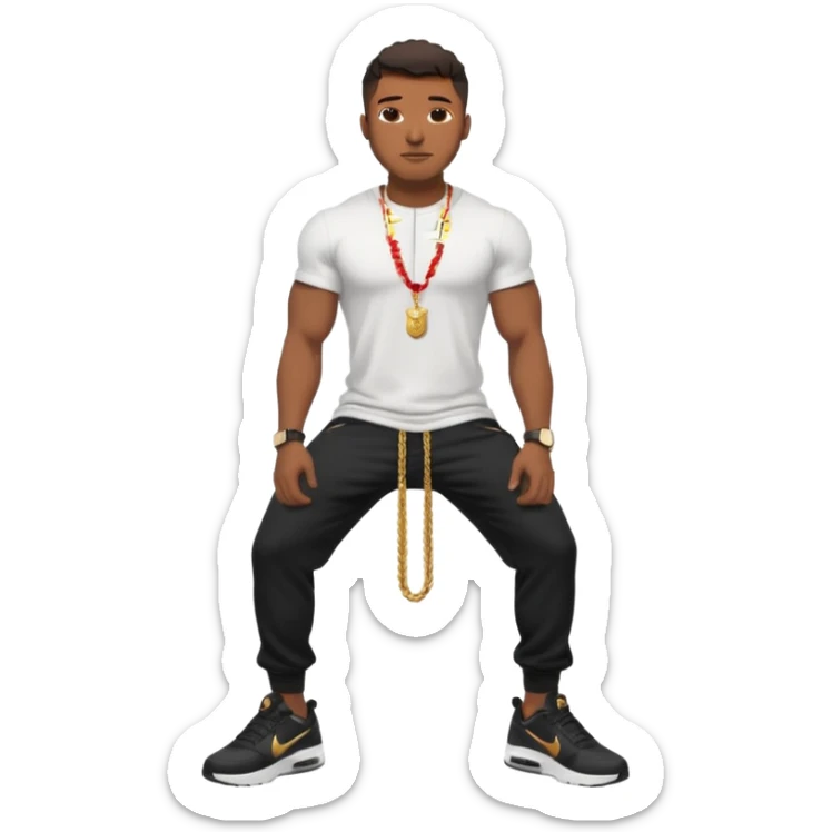 Handsome Black guy with brown skin tone, with muscular build, wearing black sweatpants, a white t-shirt, black Nike air max, a small gold rope chain, and a gold watch  sticker