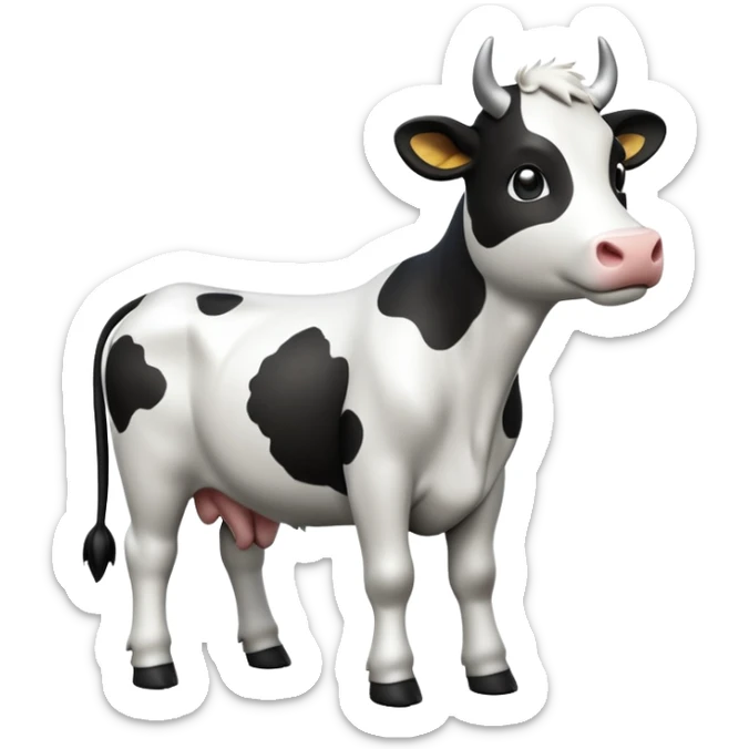 cinematic-[cow]-realistic-full-body-standing-emoji,-tail-flicking-lazily,-head-tilted-dramatically,-sleek-[black and white]-fur,-simplified-yet-realistic-focused-features,-highly-detailed,-glowing-with-an-almost-sarcastic-glow sticker