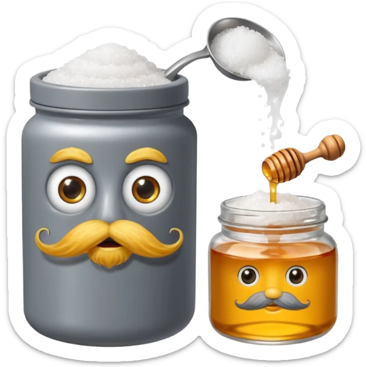 Garama and Madundung are together a gray container of salt and a honey container with a cloth on top. They each have eyes with white in the middle, a mouth, nose, and mustache both customary to their colors. They have hairy legs and emit an aura of salt (Garama), and honey (Madundung). sticker