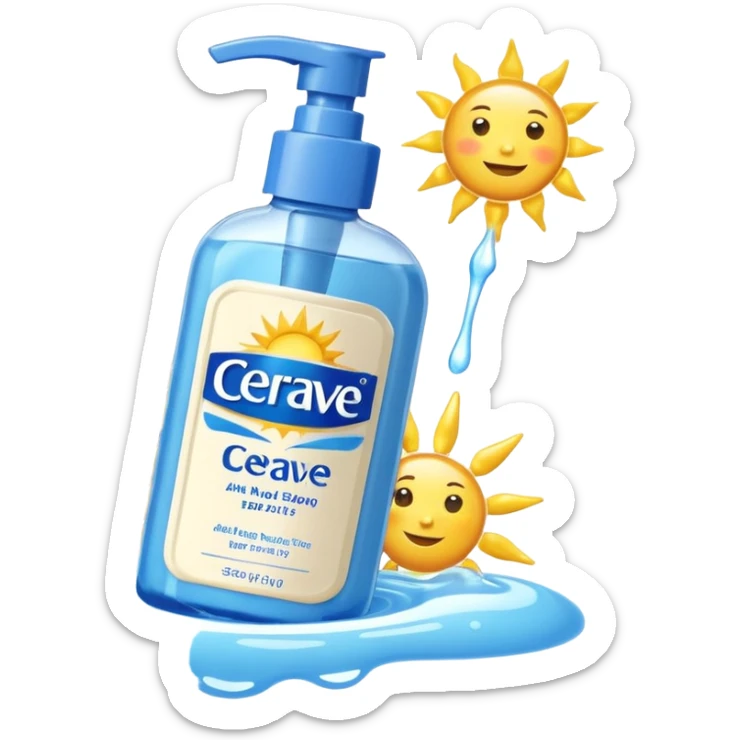 White CeraVe bottle with blue label and yellow “AM” badge, topped with a pump. Surrounded by protecting radiant sun sparkles, soft UV-deflecting light rings, and a blue protective glow. Feels like a daytime skin shield potion in a sleek, glossy bottle. sticker