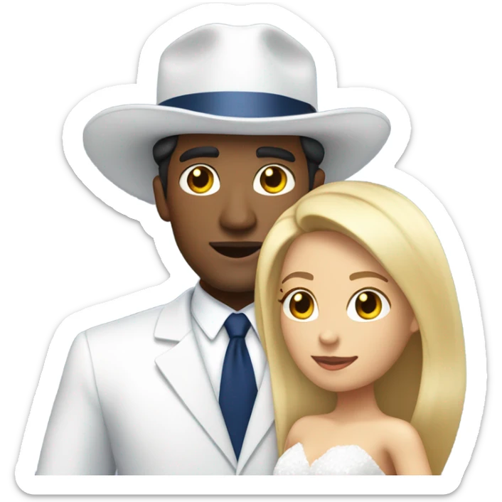 Puerto rican beard short hair with blue hat and navy blue suit getting Married with blond long hair girl with white  wedding dress  sticker