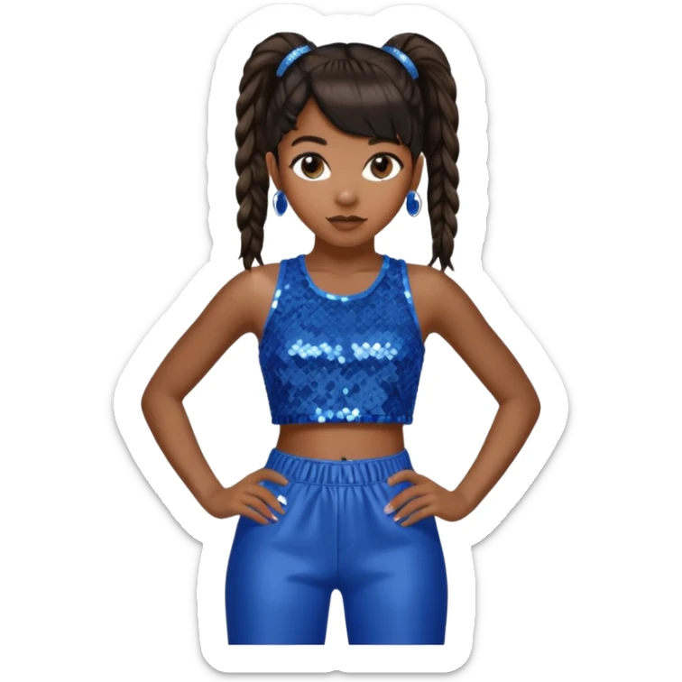 Left Eye from TLC with long dark brown ponytail hair, blue sequin crop top and pants sticker