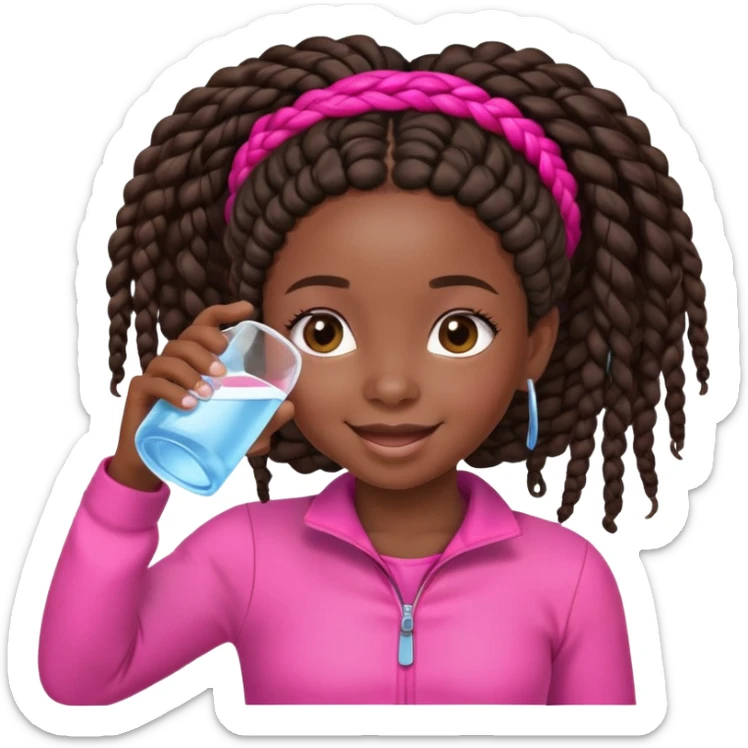 A young afro girl with African braids drinking Water. She has a happy face and is dreesed on pink sticker
