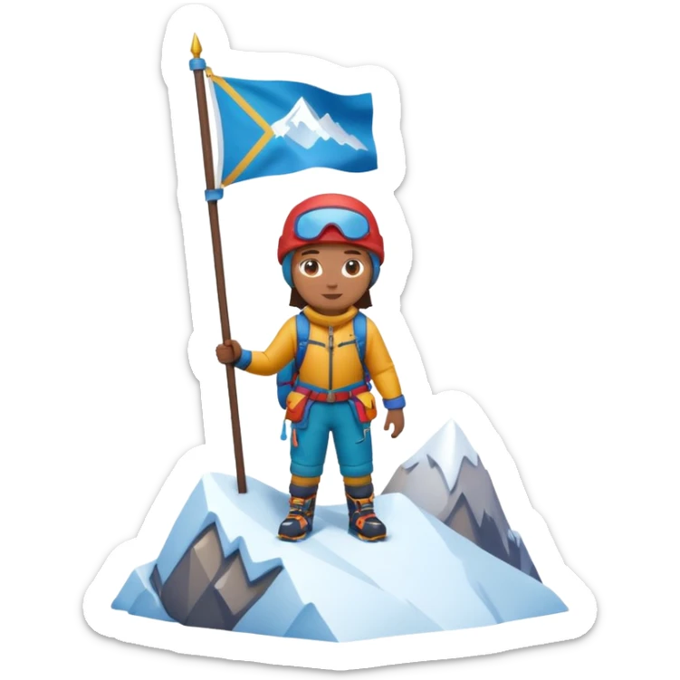 A 3D cartoon mountaineer standing on a snowy Everest-like summit with a flag, wearing colorful climbing gear, soft lighting, Memoji-style. sticker